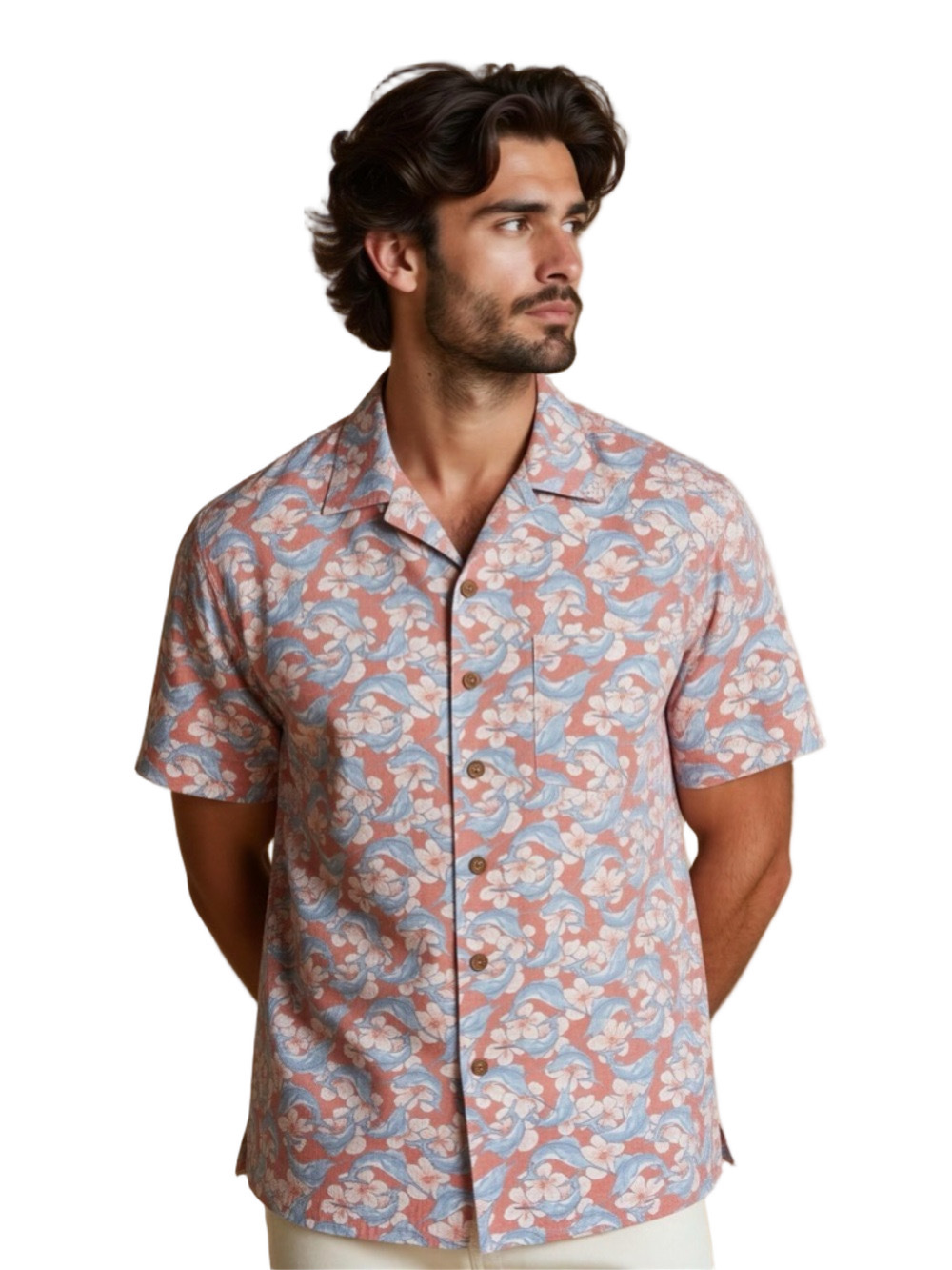 Men's Short-Sleeve Floral Camp Shirt in Coral Blue